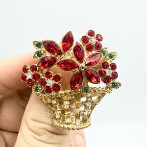 Vintage Red Rhinestone PoinsettiaCrystal and Gold Tone Basket Brooch